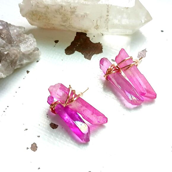 Pink Aura Quartz Crystal Point Stud Earrings, Boho Chic Copper Artisan 1" - Picture 2 of 4